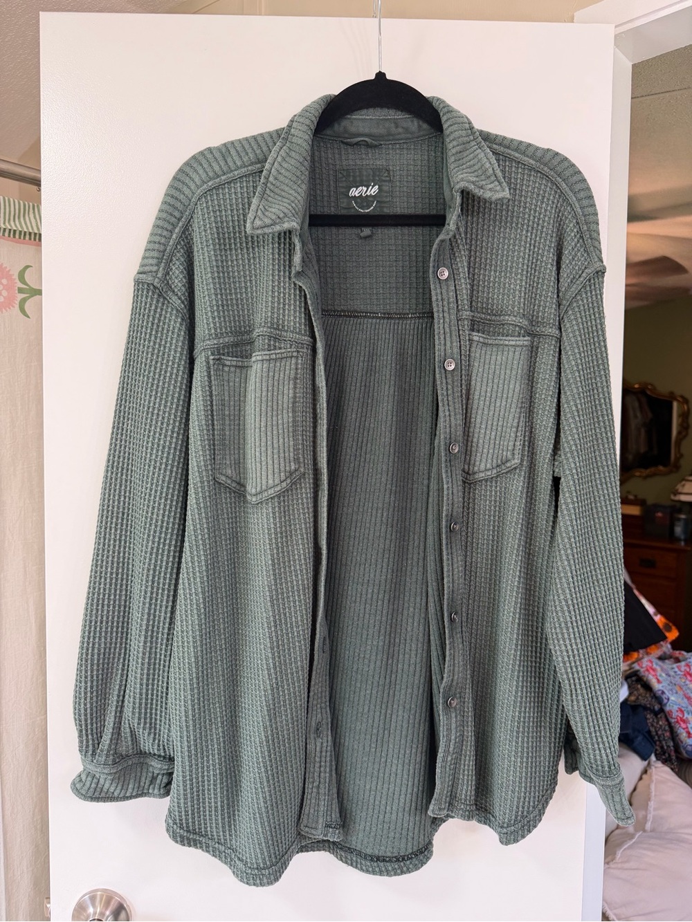 Aerie Forest Green Waffle Knit Button-Up